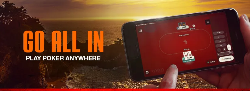 Hands holding a smartphone displaying a poker game on the Ignition Poker app, with a scenic sunset coastline in the background. The text reads 'Go All In - Play Poker Anywhere' in bold orange and white letters.