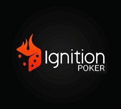 Black background with the Ignition Poker logo featuring a stylized orange flame and dice combination, accompanied by white text reading 'Ignition Poker.'